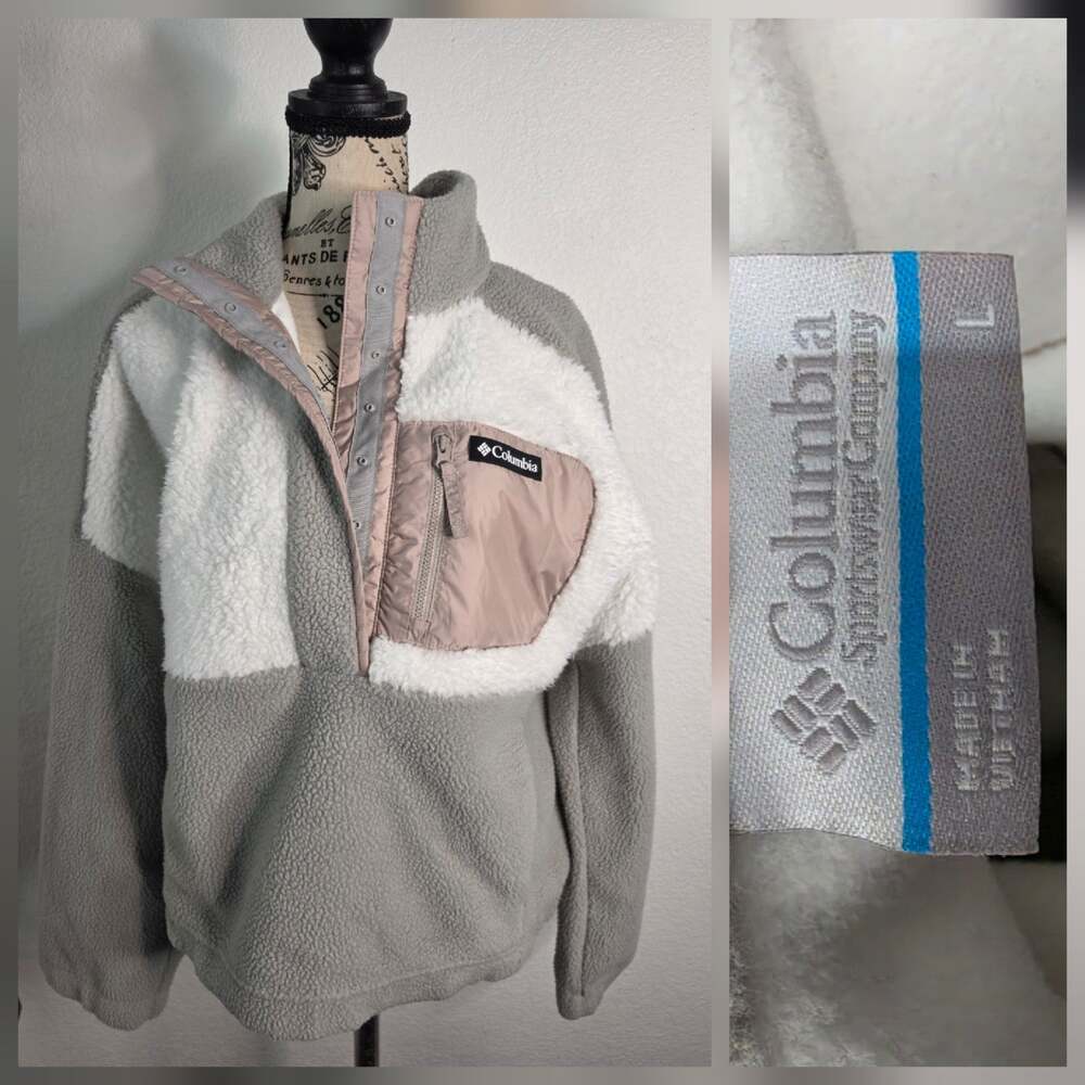 Columbia Women's Pullover Jacket Size L Sherpa Fleece Snap Colorblock Pockets